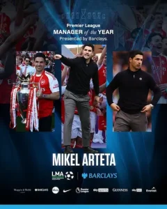 Promotional poster for the Premier League Manager of the Year award presented by Barclays, featuring three photos of a football manager and the bold 'Manager of the Year' text.