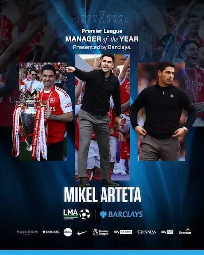 Promotional poster for the Premier League Manager of the Year award presented by Barclays, featuring three photos of a football manager and the bold 'Manager of the Year' text.